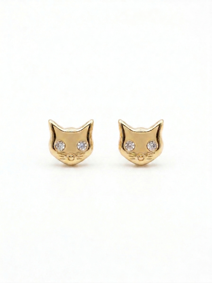 Cat Face Stud Earrings with Cubic Zirconia Eyes | 18k Gold Plated