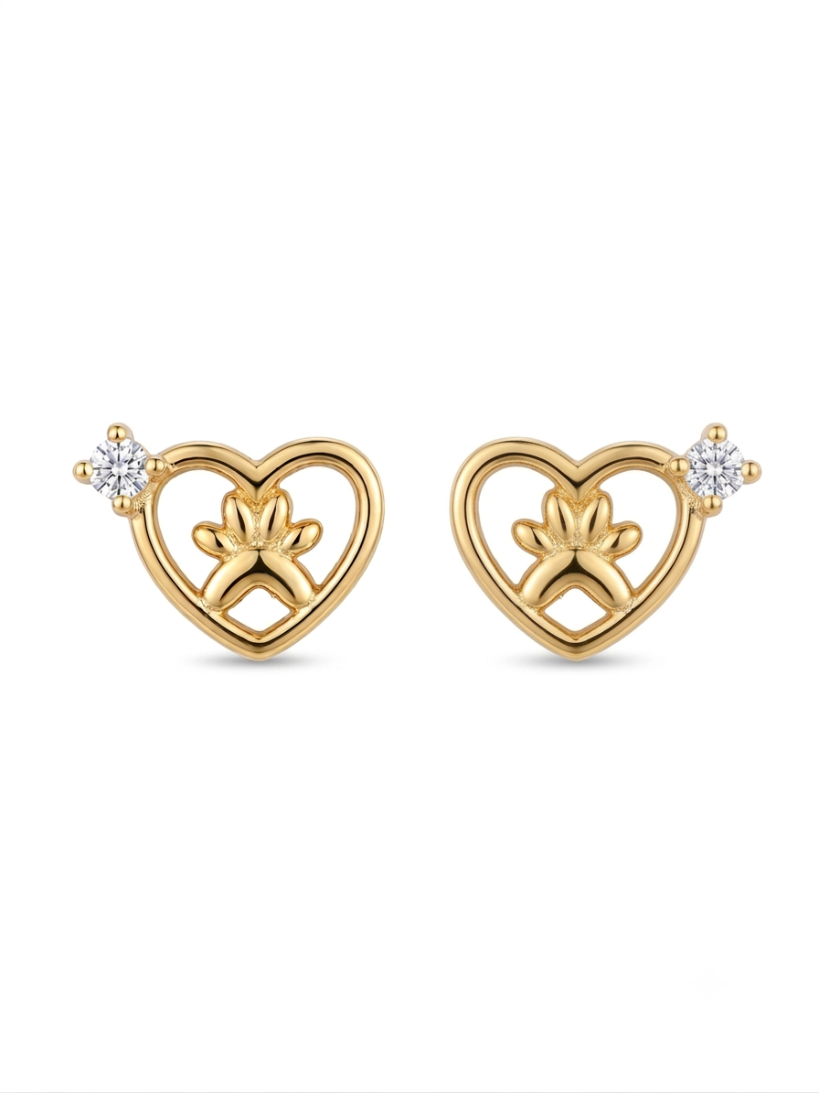 Heart & Paw Print Stud Earrings | 18k Gold Plated