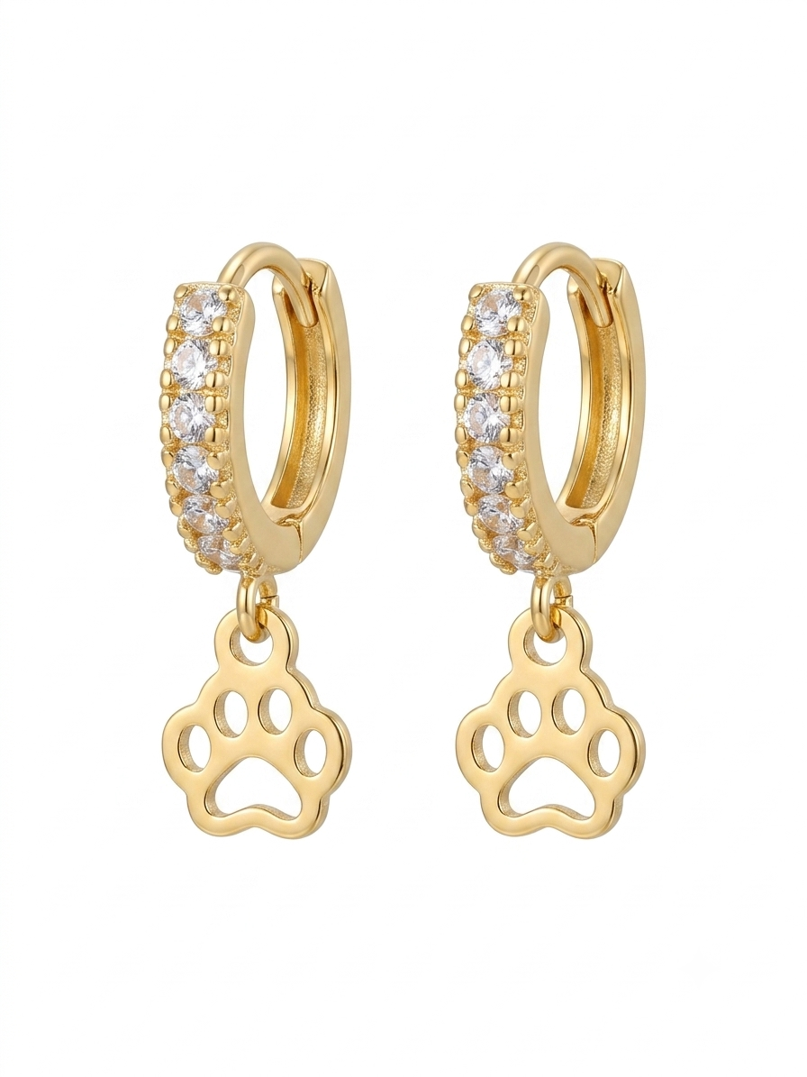 Hoop Earrings with Cubic Zirconia & Paw Print Charm | 18k Gold Plated