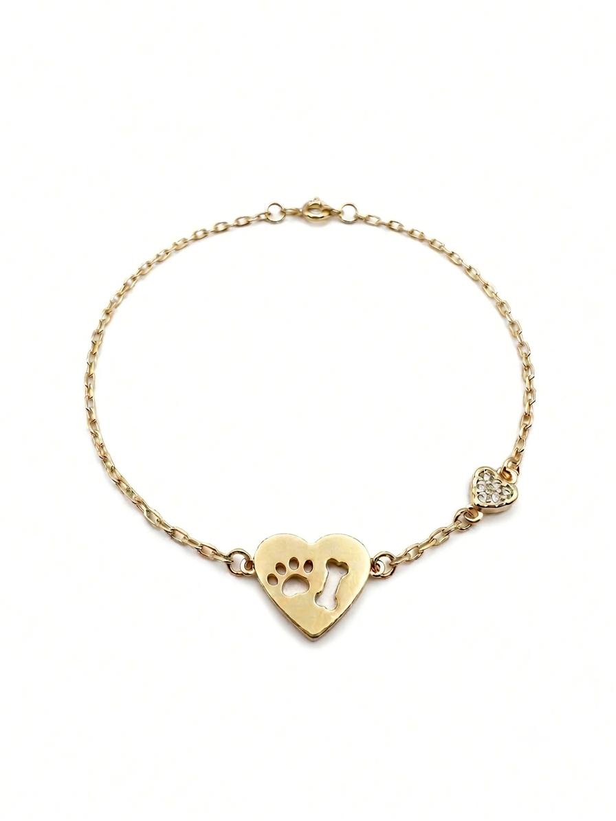 Dog Mom Heart Bracelet - Paw Print & Little Bone - 18k Gold Plated
