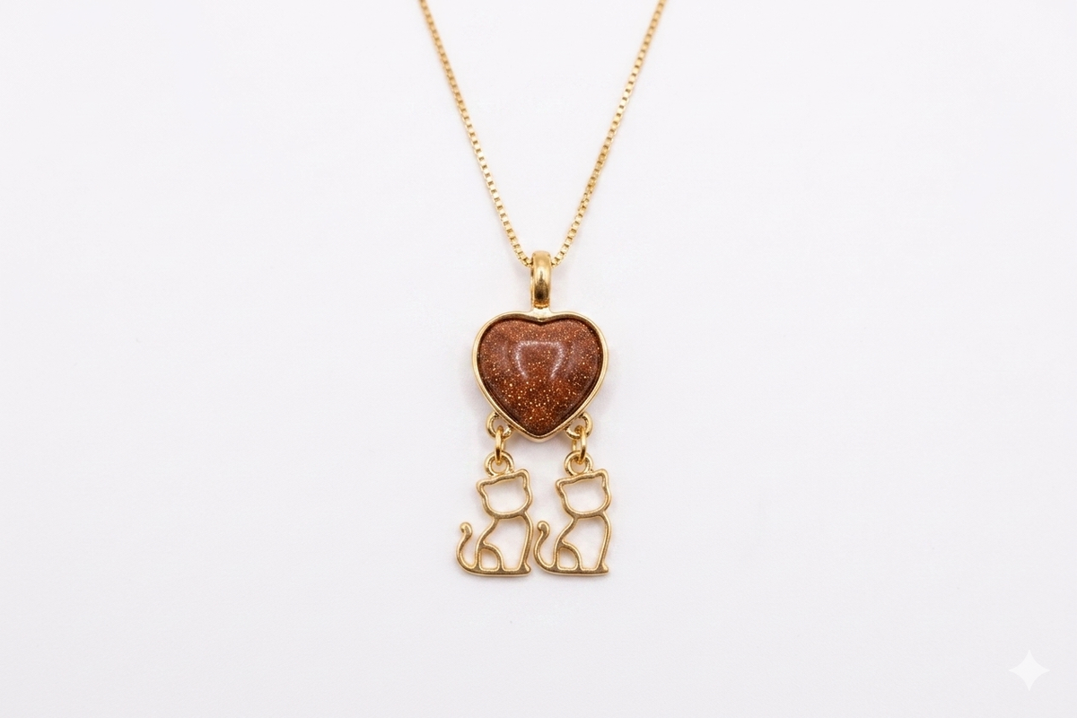 Heart & Cats Necklace - Smoky Quartz