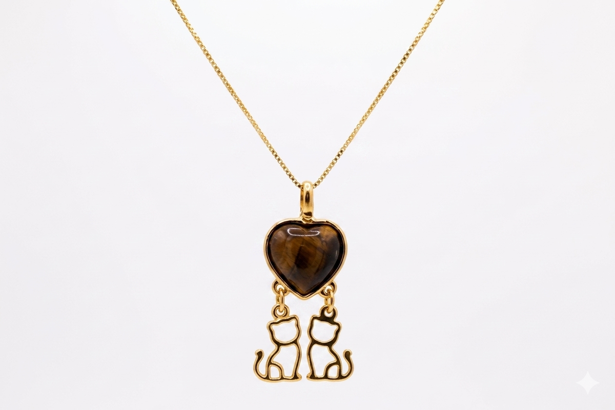 Heart & Cats Necklace - Tiger's Eye