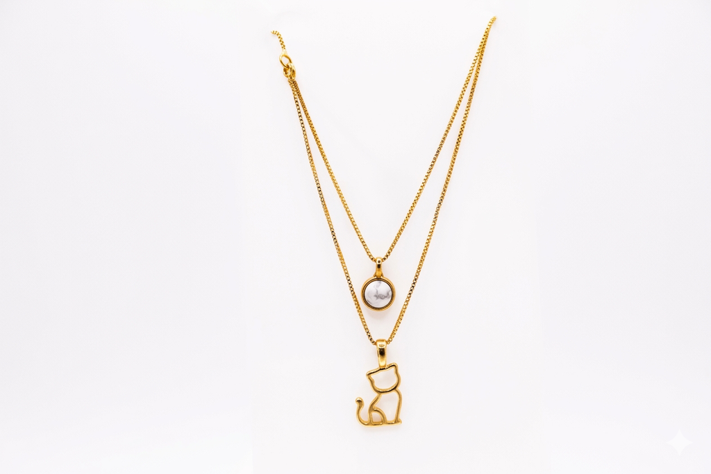 Double Necklace with Kitten & Deep Blue Stone - 18k Gold Plated | For Cat Moms