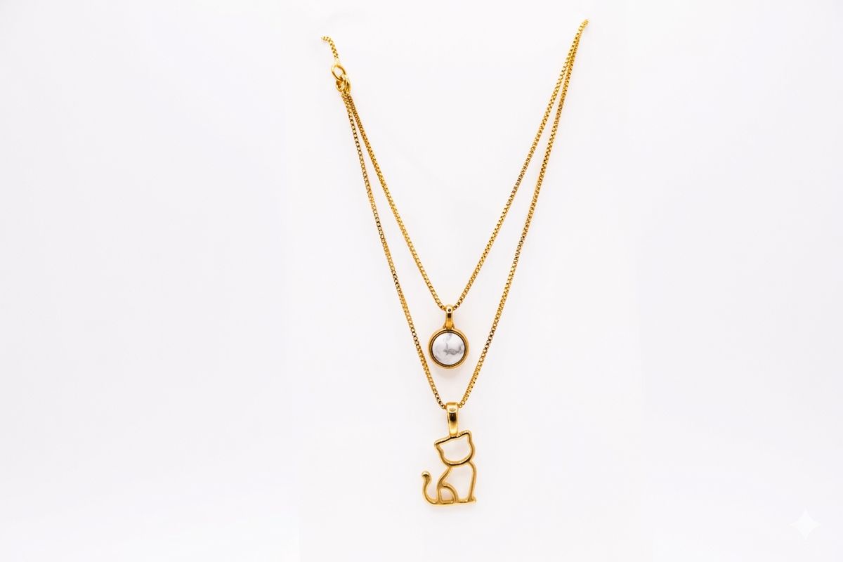 Double Necklace with Kitten & Deep Blue Stone - 18k Gold Plated | For Cat Moms