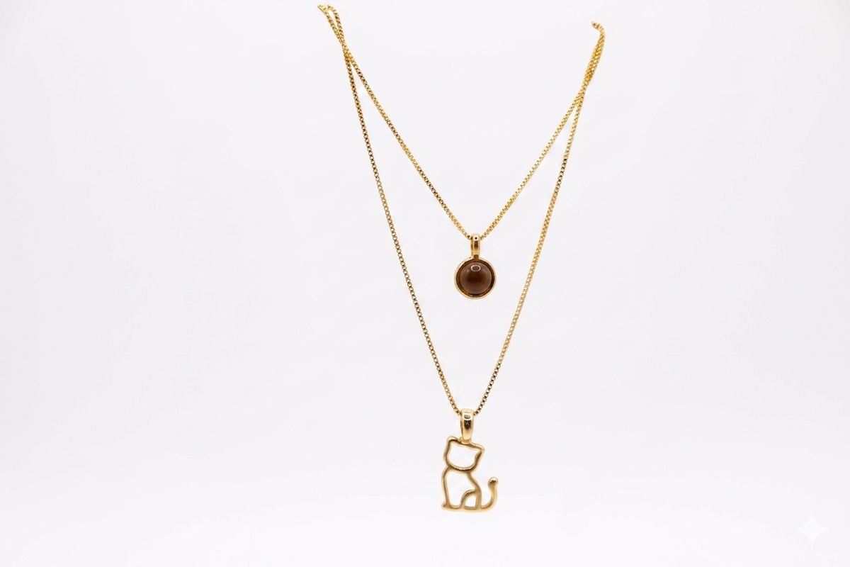 Double Necklace with Kitten & Deep Blue Stone - 18k Gold Plated | For Cat Moms