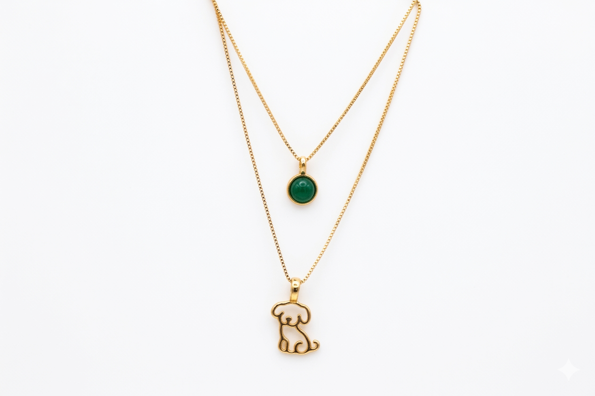 Double Necklace with Puppy & Natural Stone - 18k Gold Plated | For Dog Moms