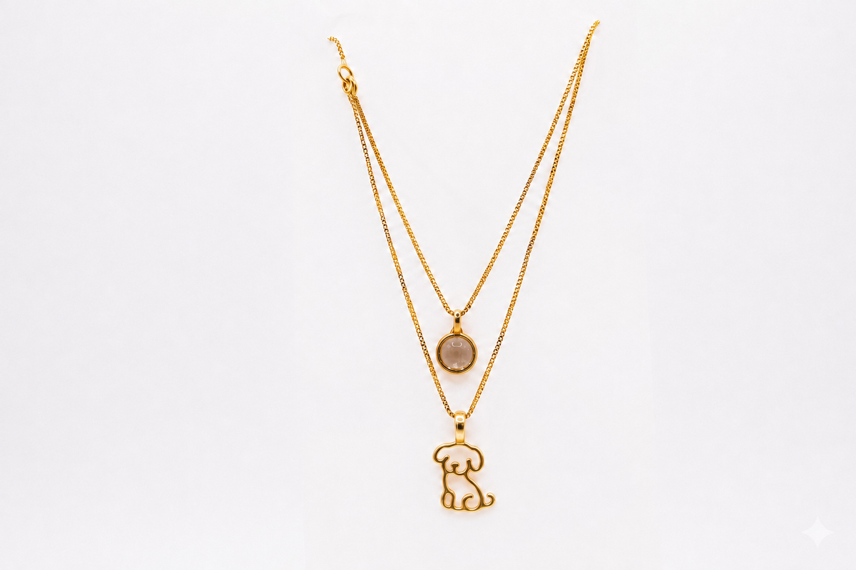 Double Necklace with Puppy & Natural Stone - 18k Gold Plated | For Dog Moms