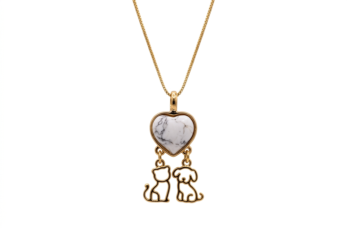Heart Necklace with Puppy & Kitten - Sky Blue Stone - 18k Gold Plated