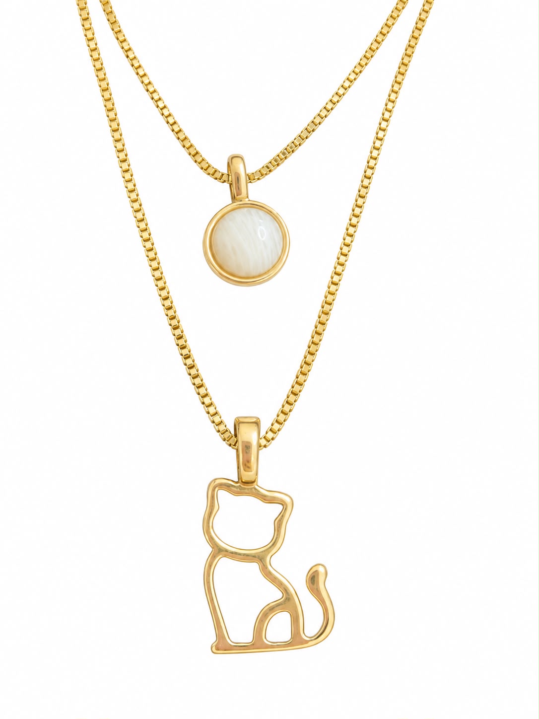 Double Necklace with Kitten & Deep Blue Stone - 18k Gold Plated | For Cat Moms