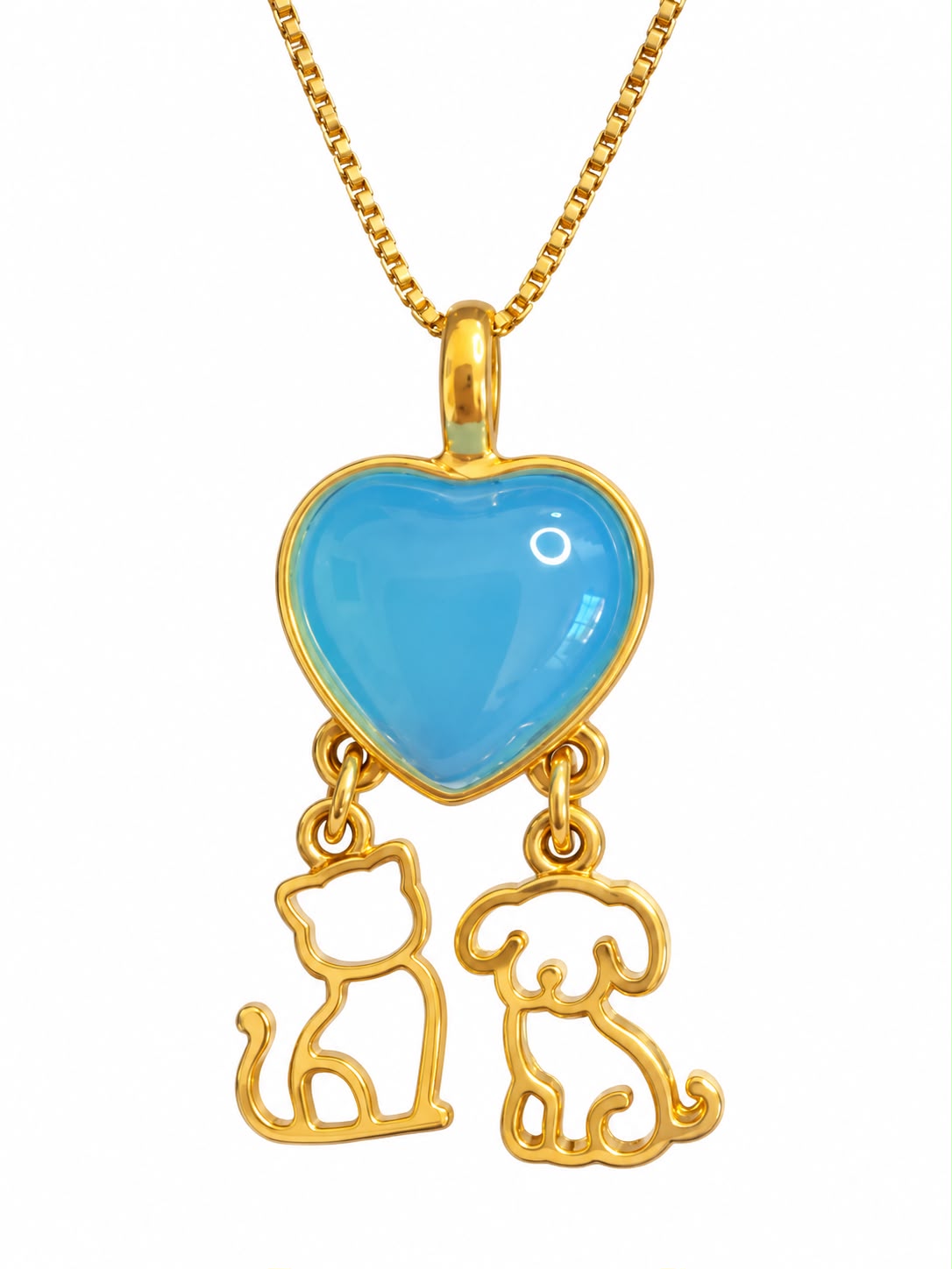 Heart Necklace with Puppy & Kitten - Sky Blue Stone - 18k Gold Plated