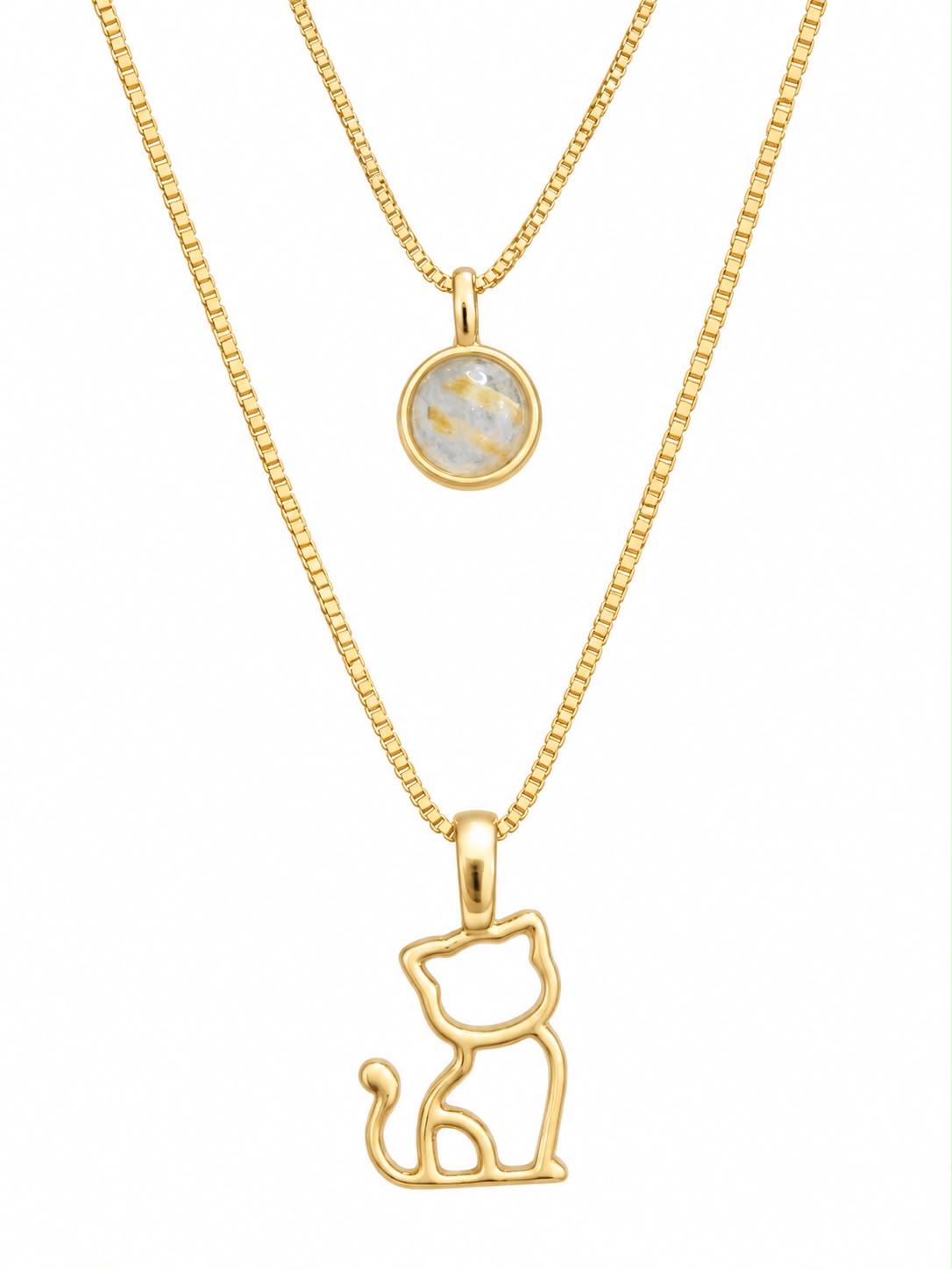 Double Necklace with Kitten & Deep Blue Stone - 18k Gold Plated | For Cat Moms