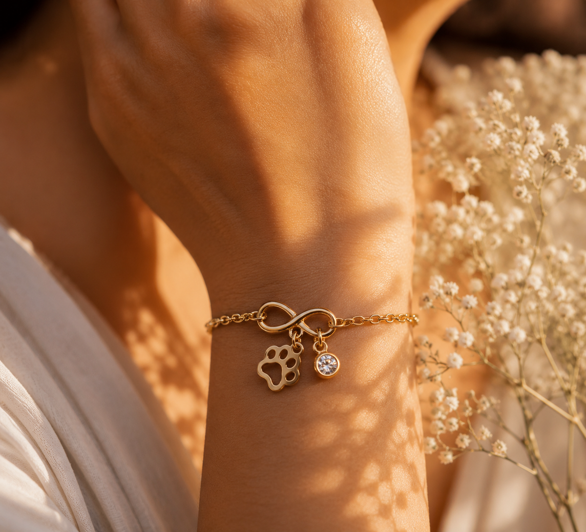 Gold Infinity Paw & Crystal Charm Bracelet