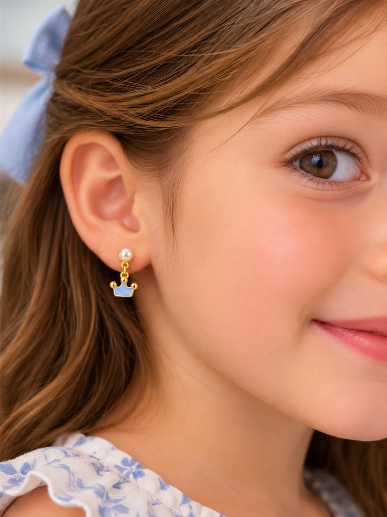 Blue Princess Crown Drop Earrings