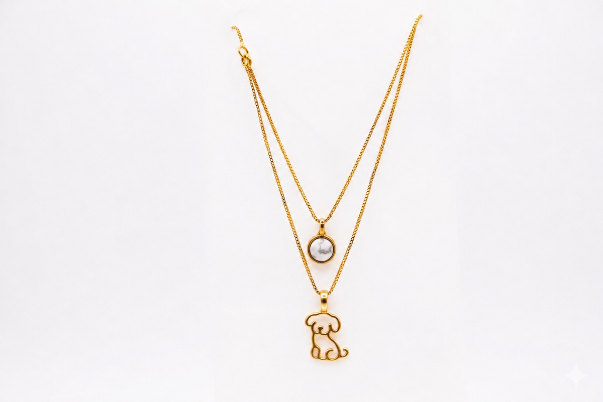 Double Necklace with Puppy & Natural Stone - 18k Gold Plated | For Dog Moms