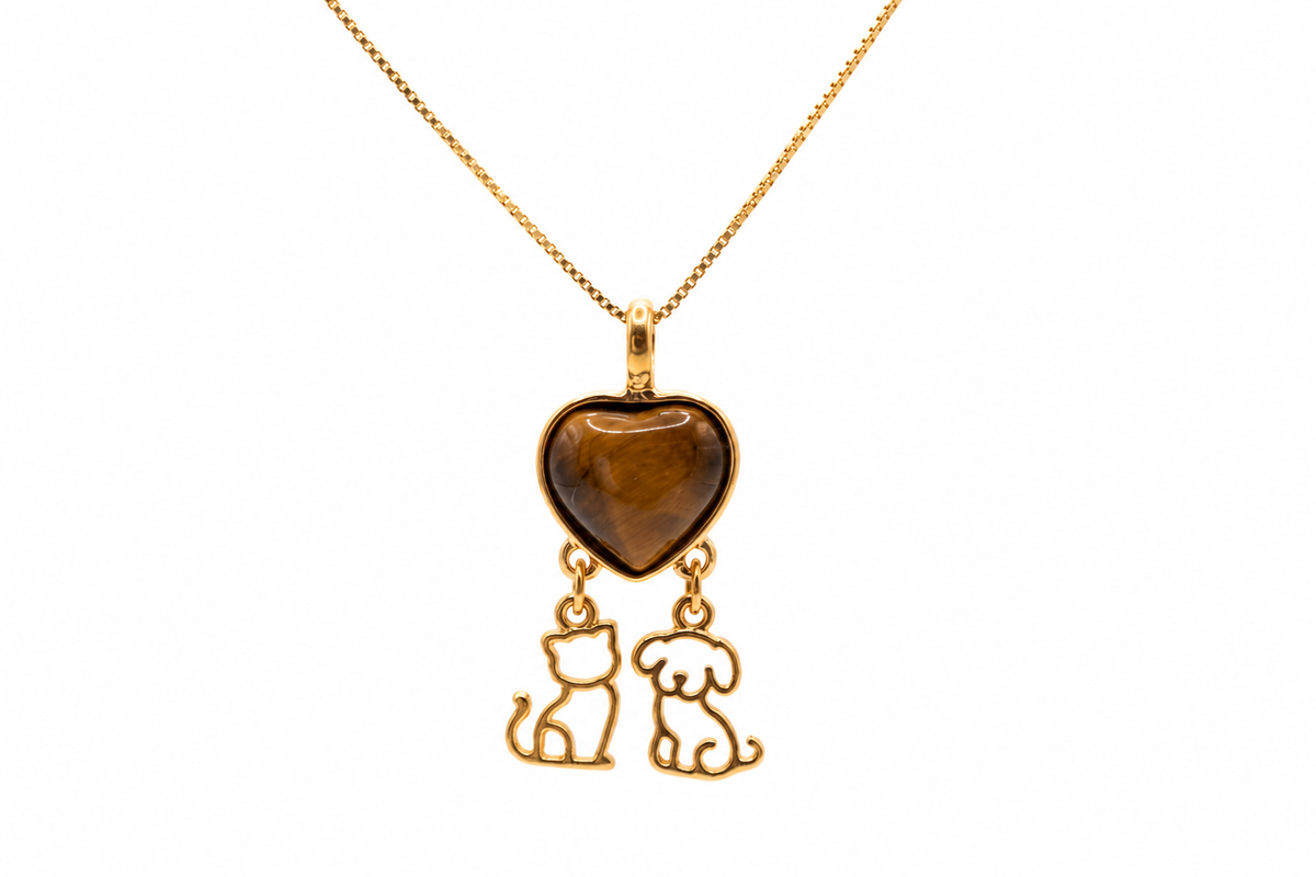 Heart Necklace with Puppy & Kitten - Sky Blue Stone - 18k Gold Plated